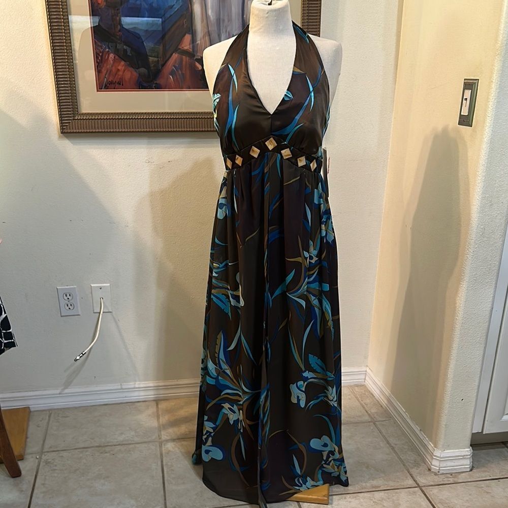 Robbie Bee Brown Blue Maxi Halter Dress w/ Wood Piece Embellishments   Size 12